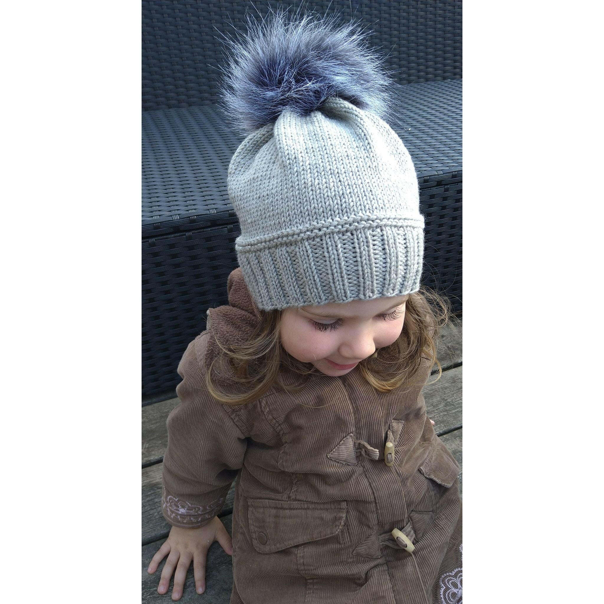 Gray Knitted Hat With Pompom.