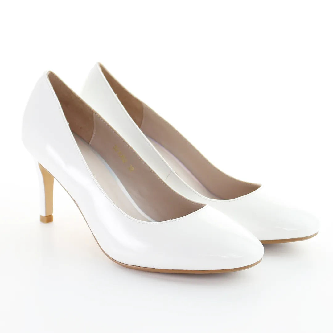 Patent Leather Round Toe Pumps in White.