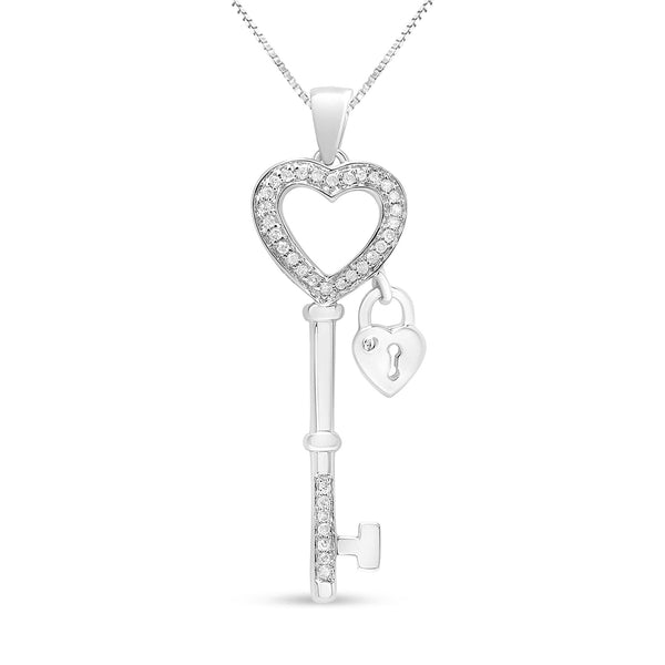 .925 SS 1/4 Cttw Diamond Lock & Key Heart 18" Pendant Necklace.
