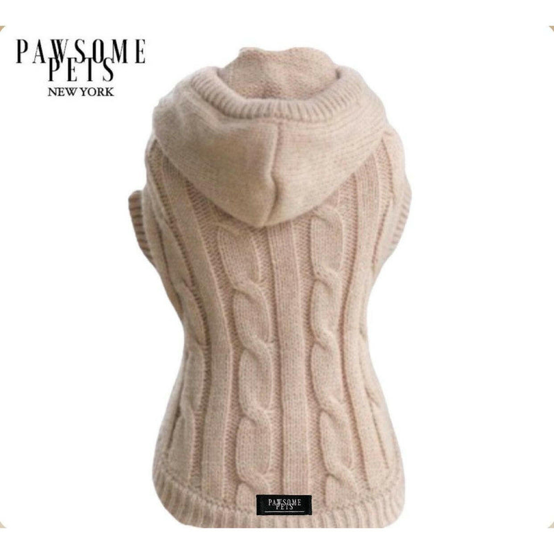 Pet Cable Knit Sweater with Hat  - Beige.