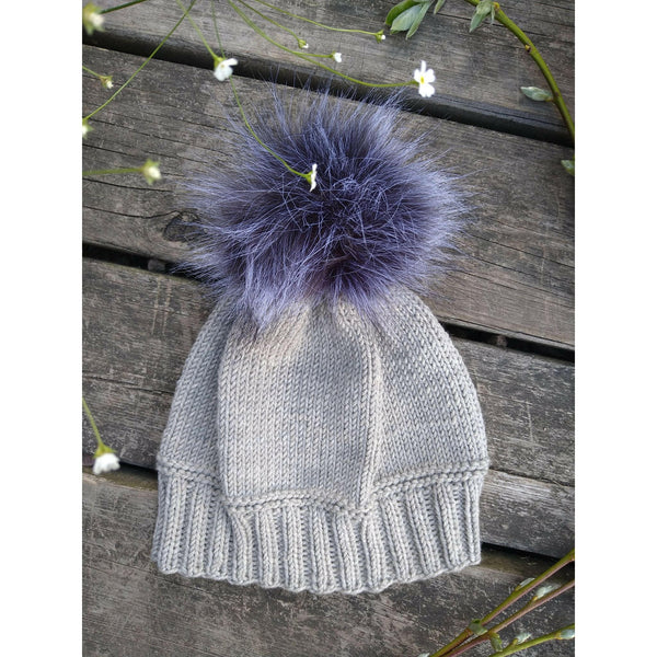 Gray Knitted Hat With Pompom.