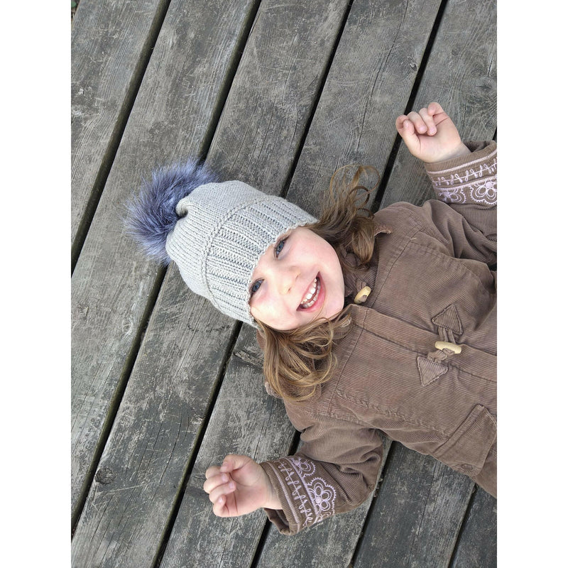 Gray Knitted Hat With Pompom.