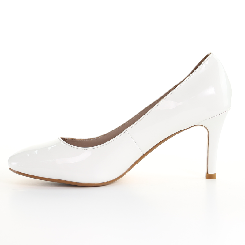 Patent Leather Round Toe Pumps in White.