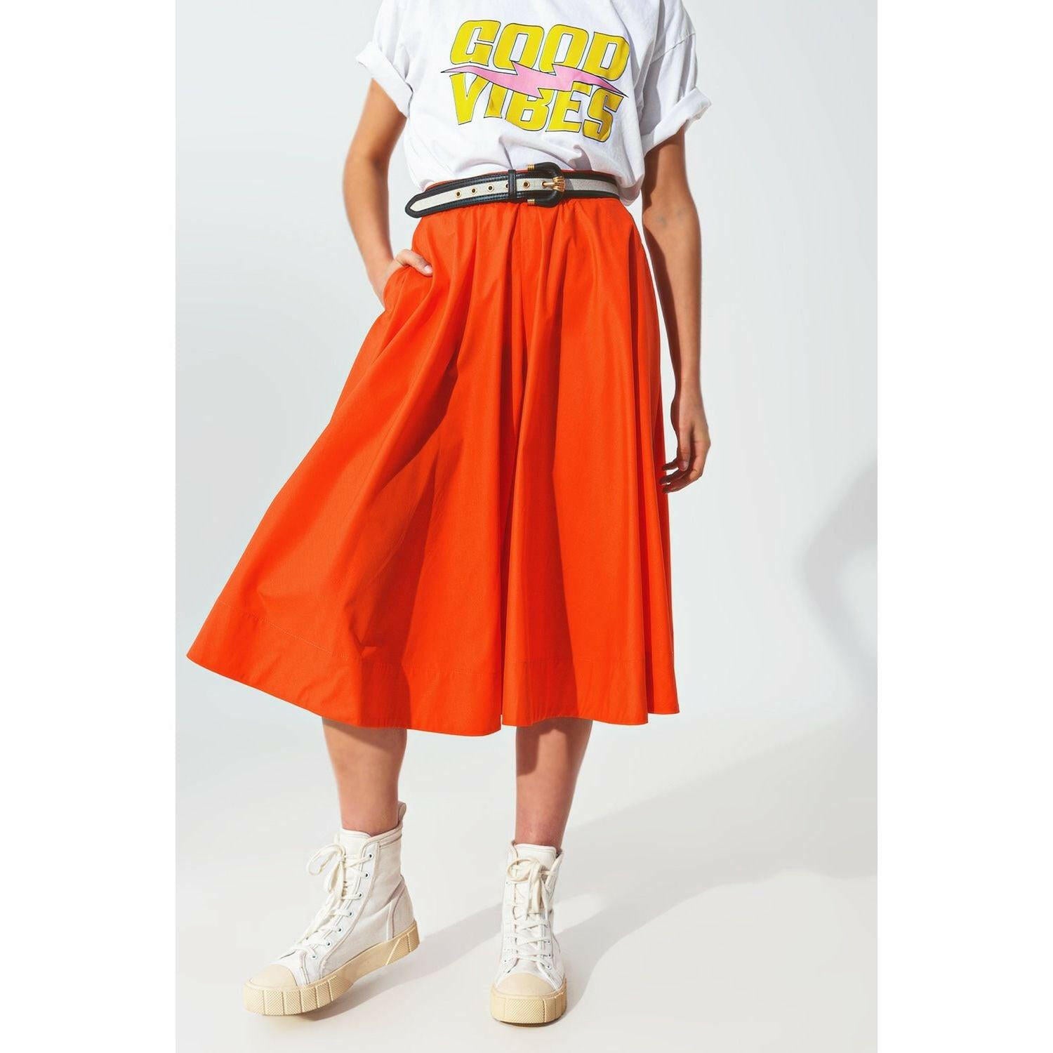 A-Line Skirt with Elastic Waist Band in Orange.