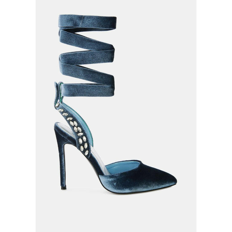 Wallis Blue Velvet Diamante Stud Tie Up Sandals.