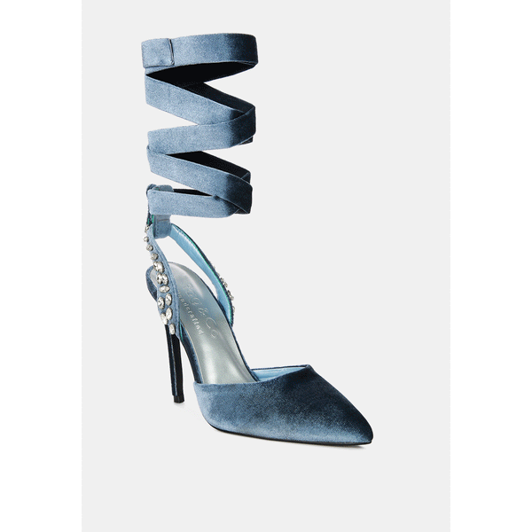 Wallis Blue Velvet Diamante Stud Tie Up Sandals.