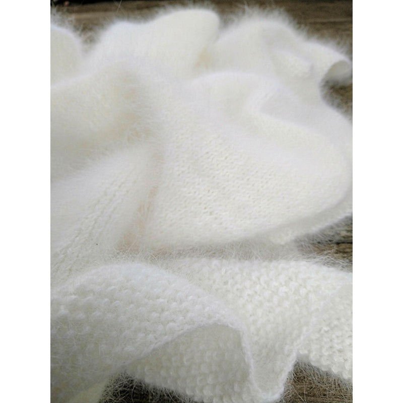 Knitted White Angora Baby Blanket.