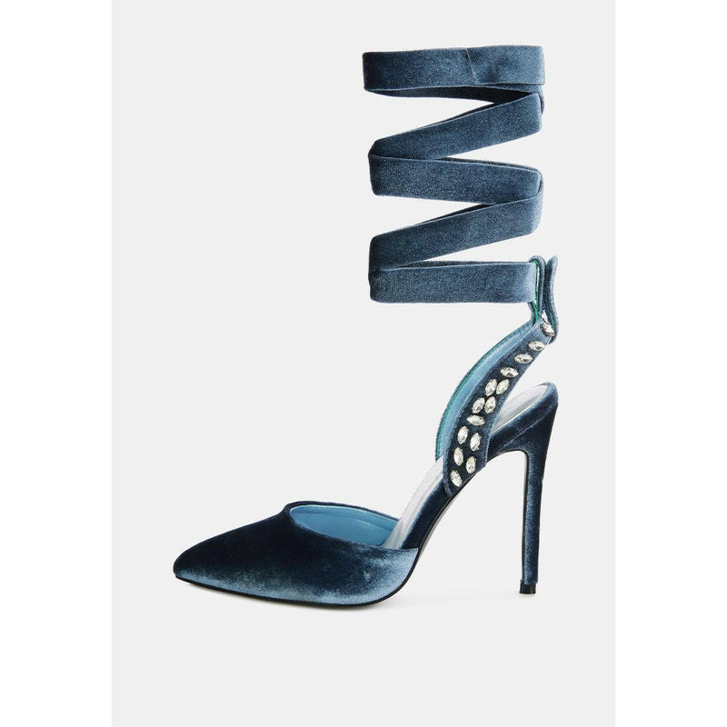 Wallis Blue Velvet Diamante Stud Tie Up Sandals.