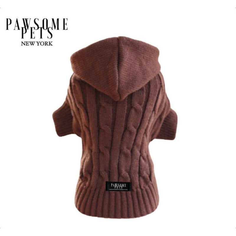 Pet Cable Knit Sweater with Hat - Brown.