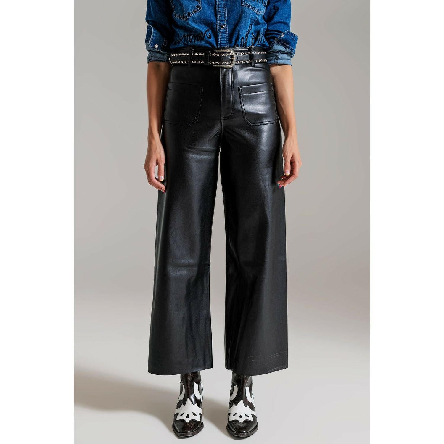 Black Palazzo-Style Faux Leather Pants.