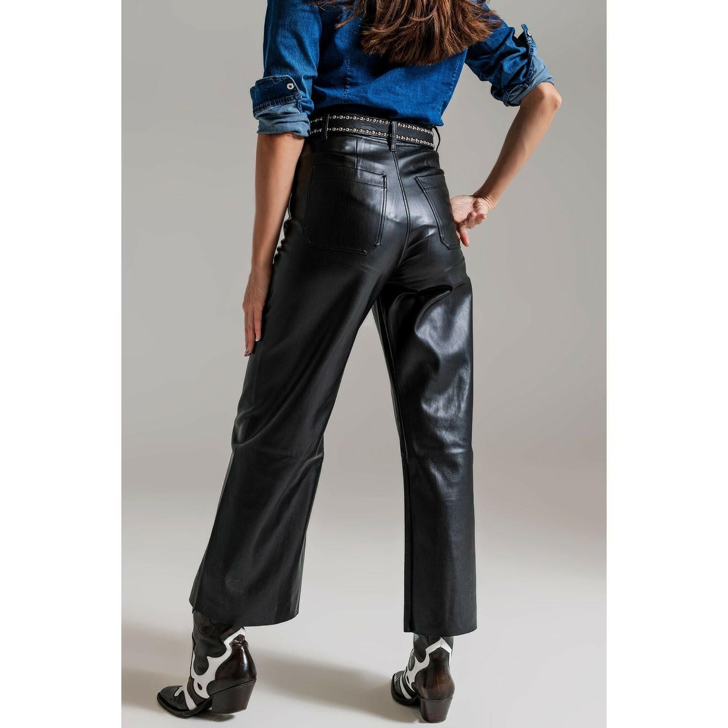 Black Palazzo-Style Faux Leather Pants.