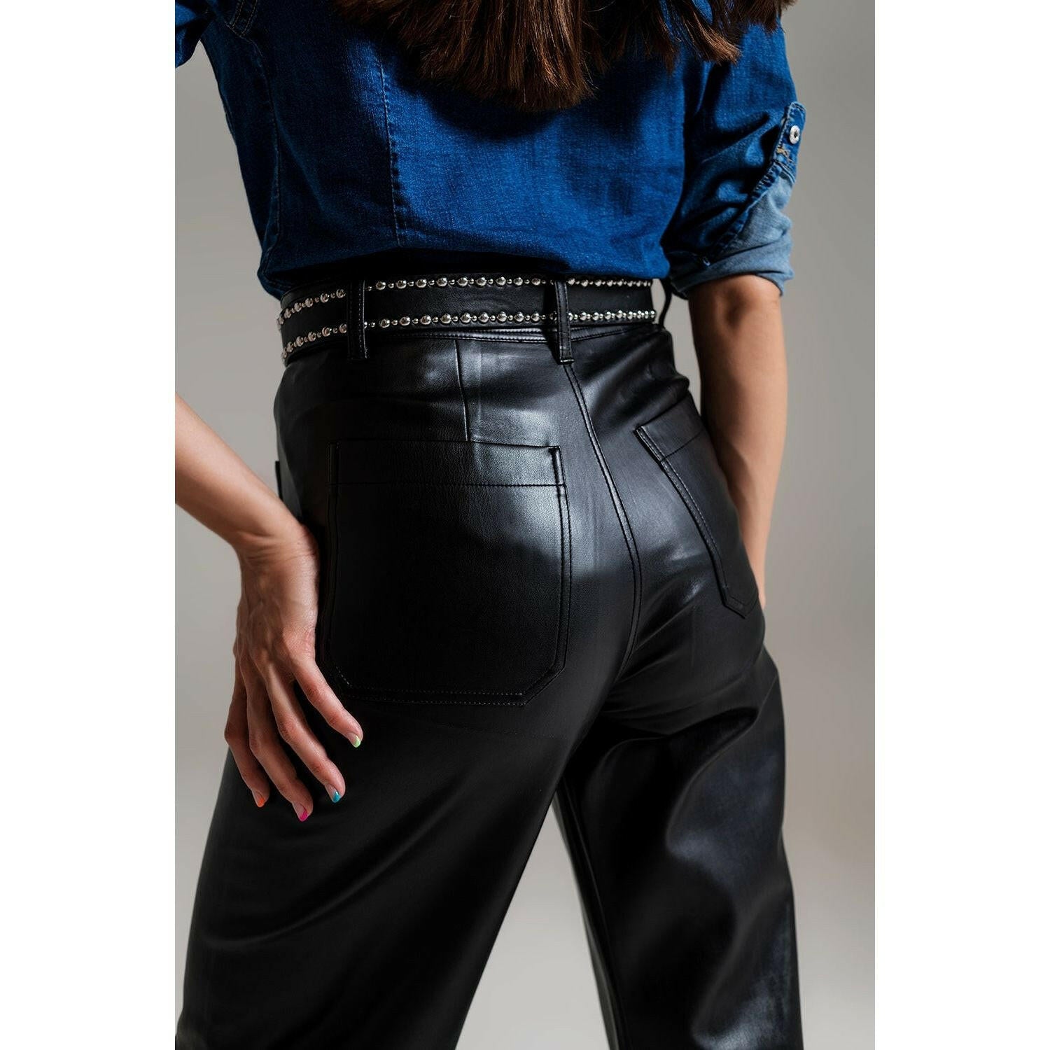 Black Palazzo-Style Faux Leather Pants.