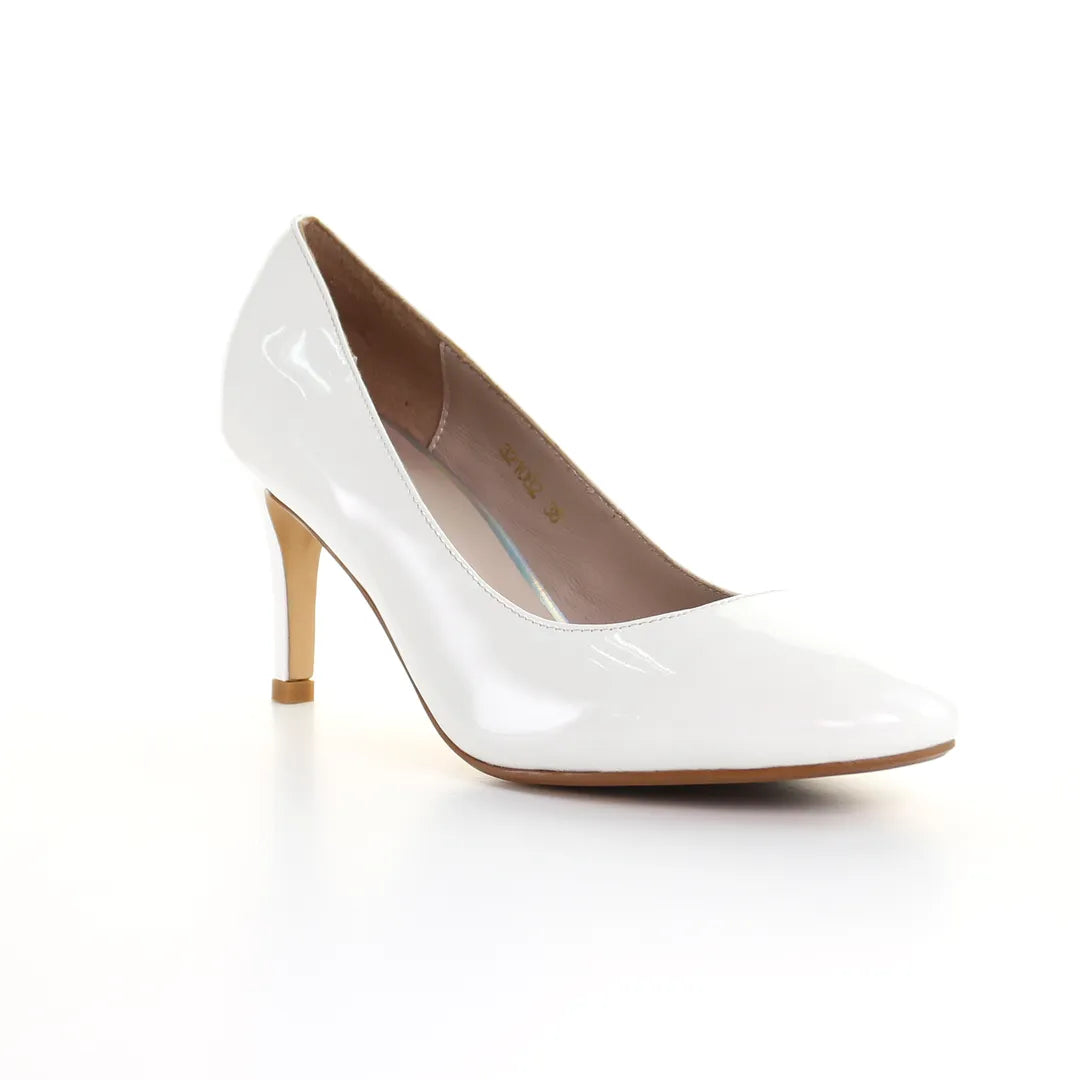 Patent Leather Round Toe Pumps in White.