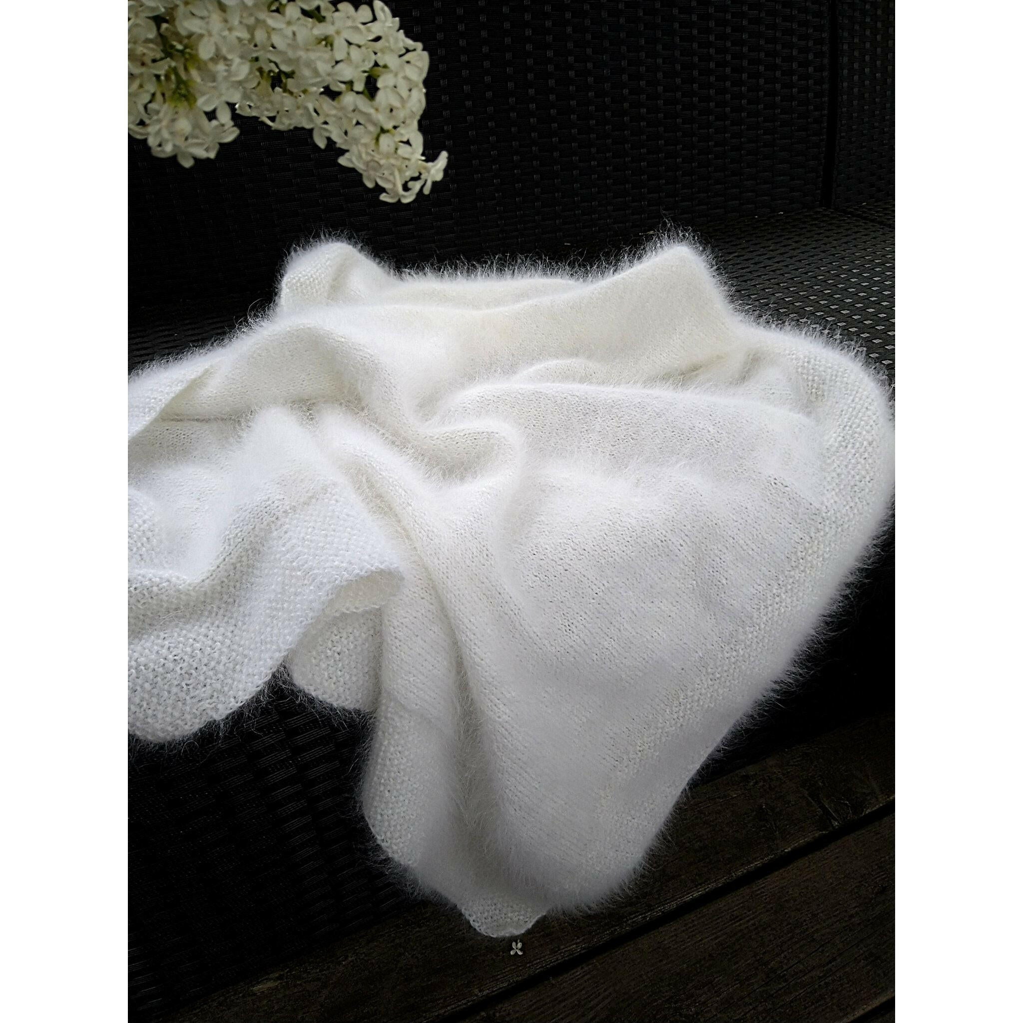 Knitted White Angora Baby Blanket.