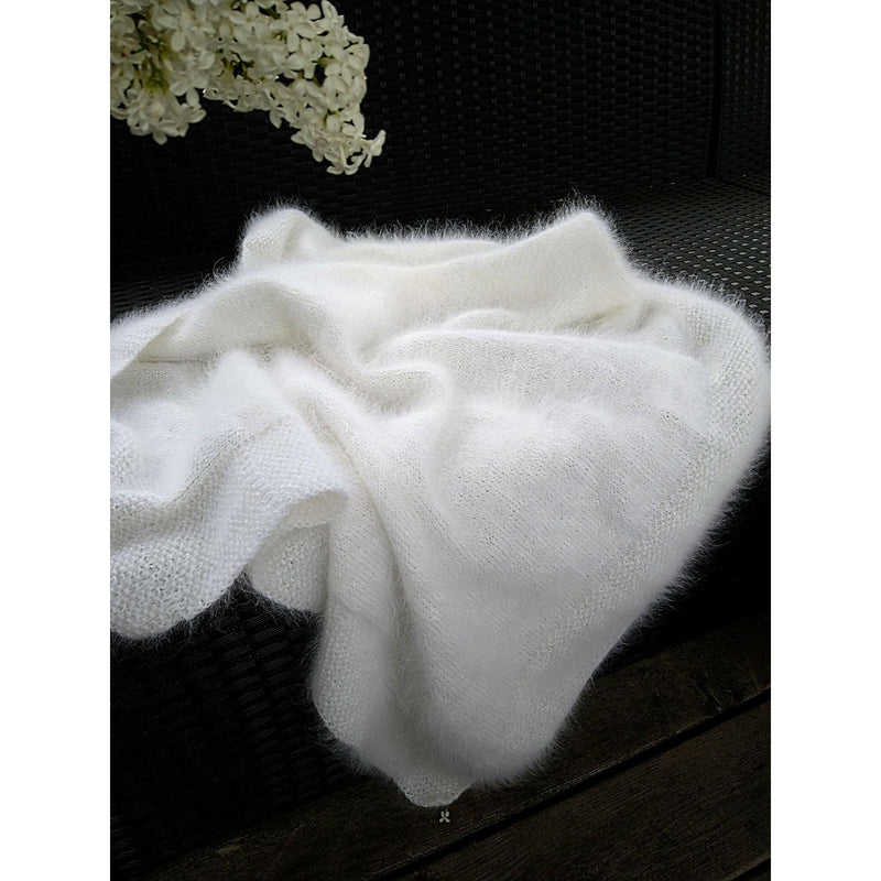 Knitted White Angora Baby Blanket.