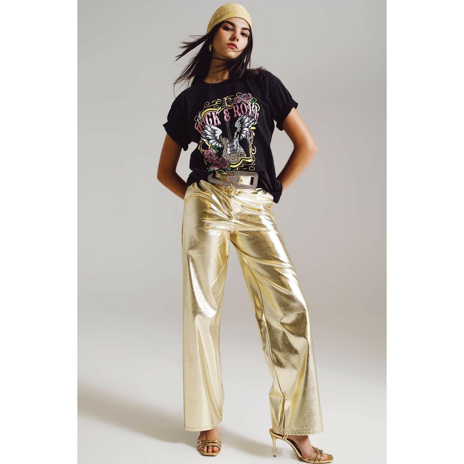 Metallic Straight Leg Pants in Gold.