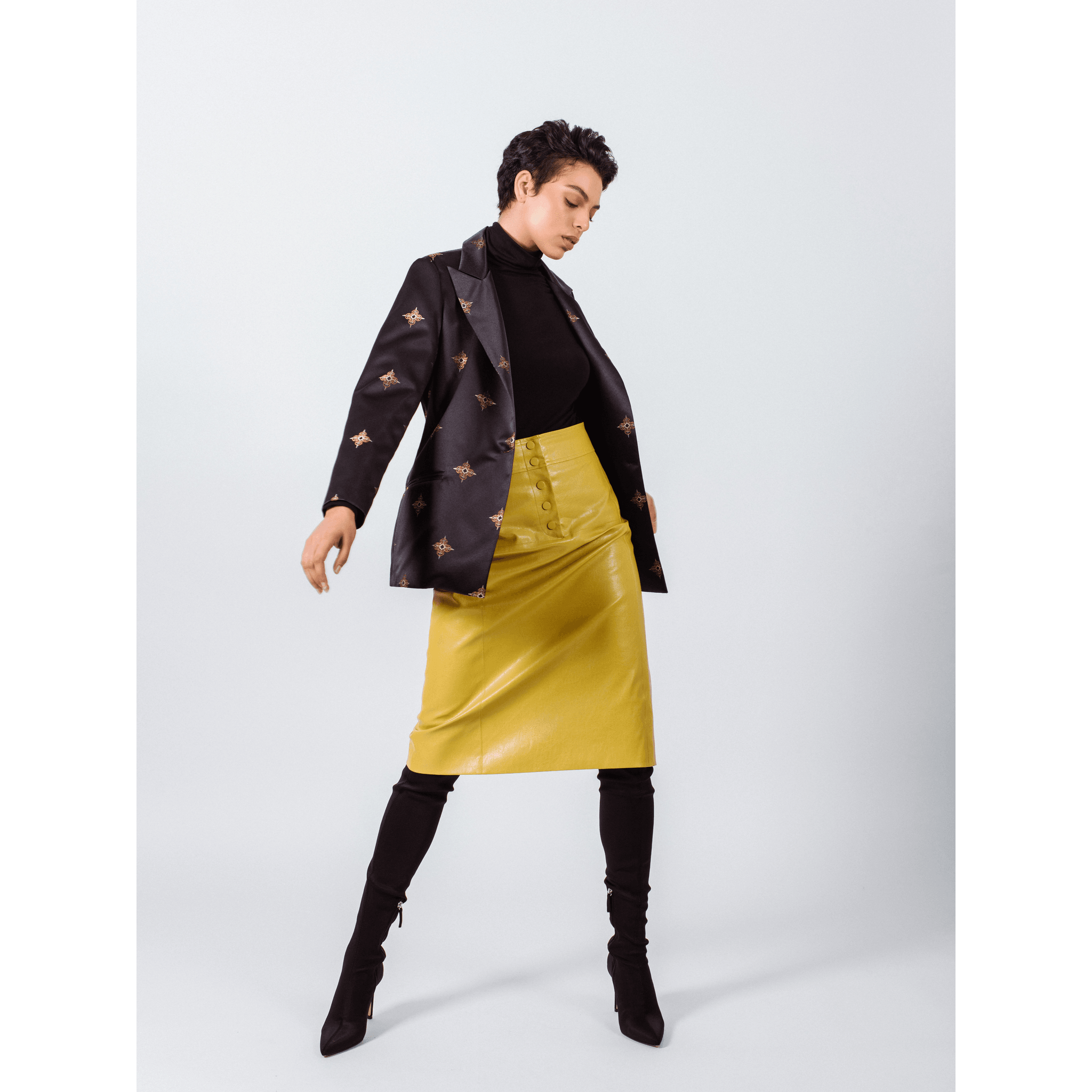 Power Woman-Mustard Leather Skirt.