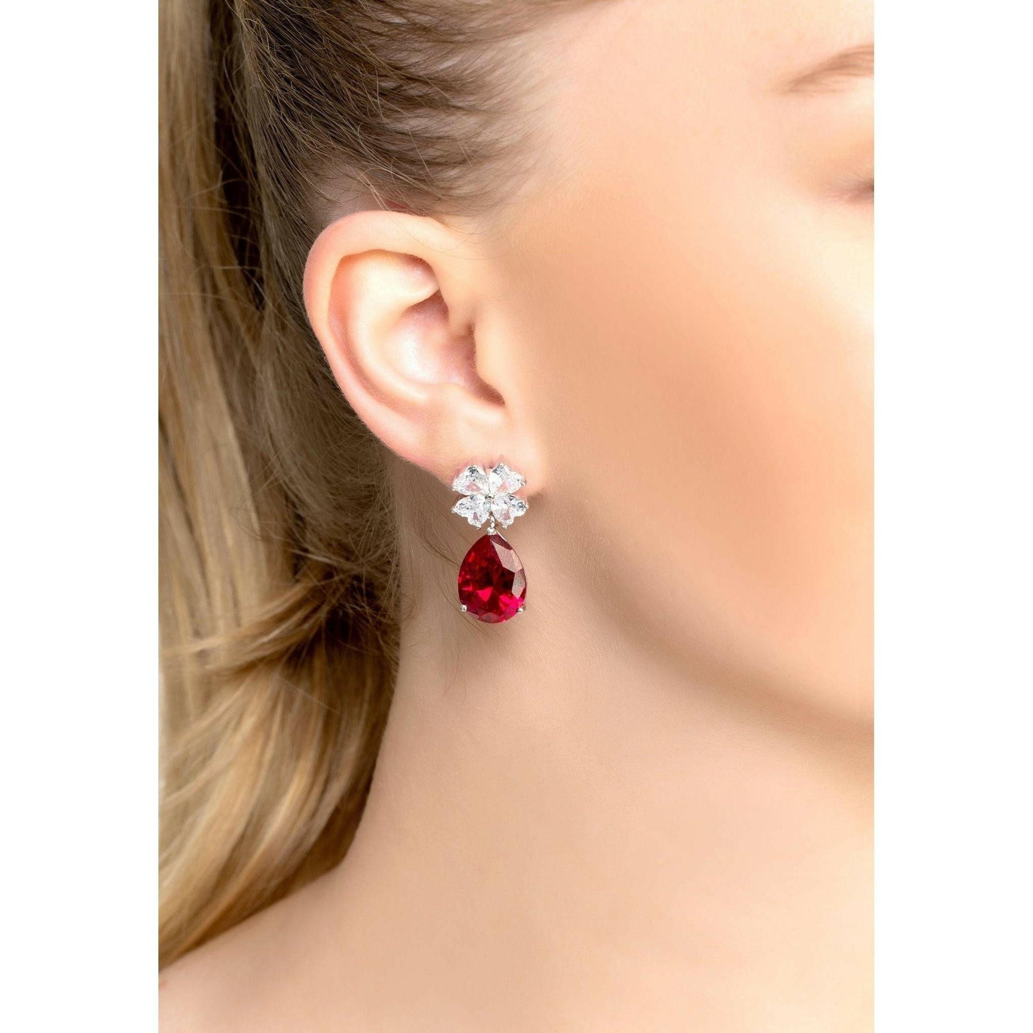 Victoria Teardrop Earrings Silver Ruby.